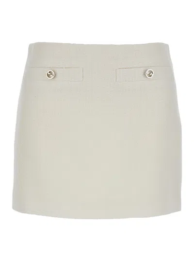 Gucci White  Mini Skirt With Logo Buttons In Bouclè Wool Woman In Multicolor