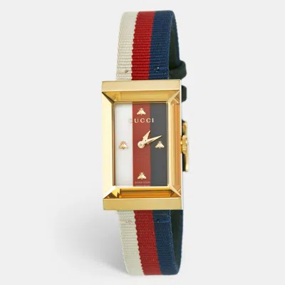 Pre-owned Gucci White Mother Of Pearl Striped Gold Tone Stainless Steel Canvas G-frame 147.4 Women's Wristwatch 21 M