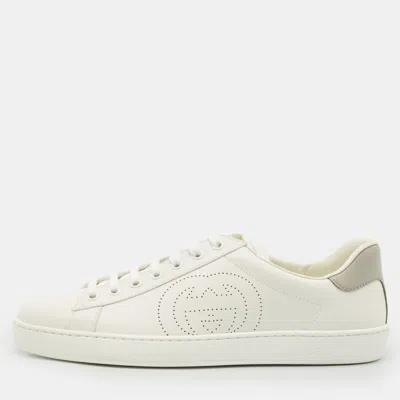 Pre-owned Gucci White Perforated Interlocking G Leather Ace Sneakers Size 42