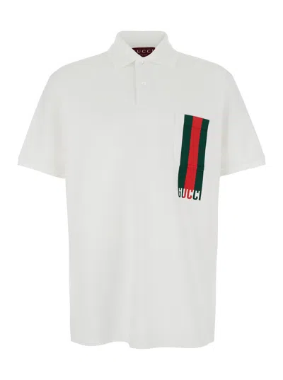 Gucci White Polo Shirt With Classic Collar And Logo Lettering Print With Web Detail On The Front In Cotton