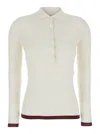 Gucci White Polo Shirt With Spread Collar And Web Detailed Trims In Cashmere And Silk Blend Woman In Multicolor