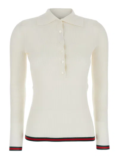 Gucci White Polo Shirt With Spread Collar And Web Detailed Trims In Cashmere And Silk Blend Woman In Multicolor