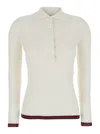 Gucci White Polo Shirt With Spread Collar And Web Detailed Trims In Cashmere And Silk Blend Woman In Neutral
