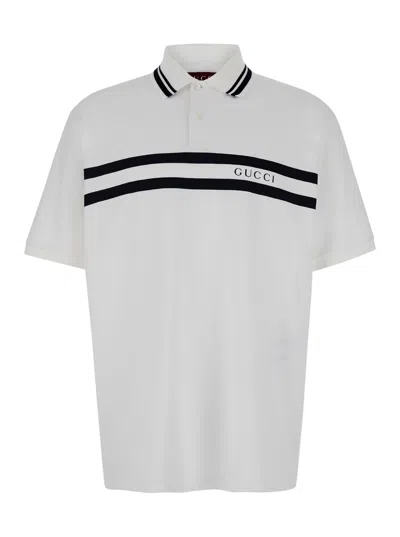 Gucci White Polo Shirt With Striped Collar And  Logo In Stretch Cotton Piquet Man