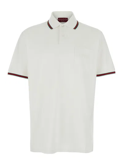 Gucci White Polo Shirt With Web Detail And Logo Lettering On The Front In Cotton Stretch Man