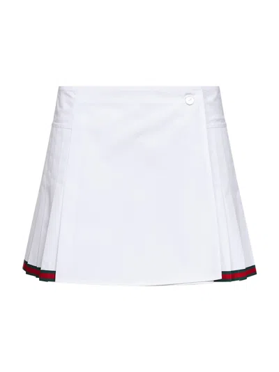 Gucci White Poplin Pleated Miniskirt With Web Detail
