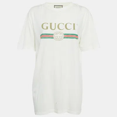 Pre-owned Gucci White Print Cotton Distressed T-shirt M