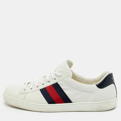 Pre-owned Gucci White Python Embossed Leather Web Ace Lace Up Sneakers Size 45.5