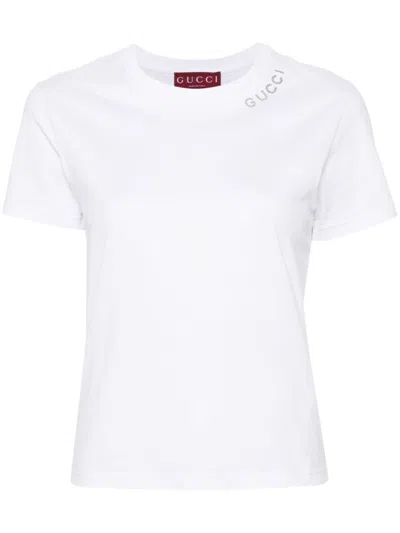 Gucci T-shirt Mit Strass-logo In Weiss