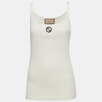 Pre-owned Gucci White Rib Knit Embroidered Interlocking G Logo Tank Top S
