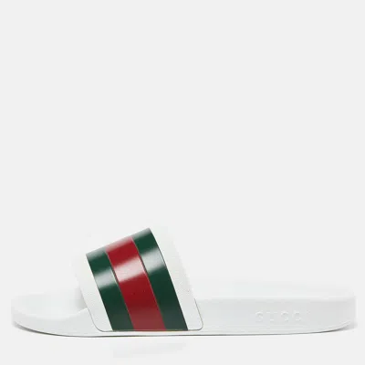 Pre-owned Gucci White Rubber Web Detail Flat Slides Size 44