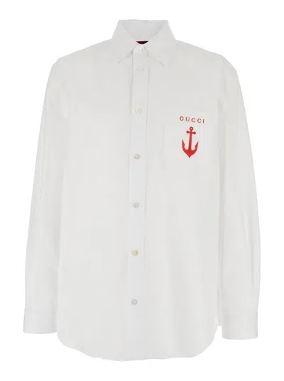 Gucci White Shirt With Classic Collar And Logo Detail On The Front In Cotton Man