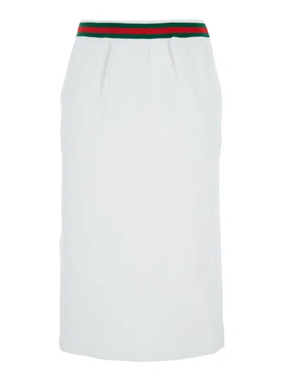 Gucci White Skirt With Web Detail On The Waist And Logo Lettering Embroidery On The Front In Cotton  In Multicolor