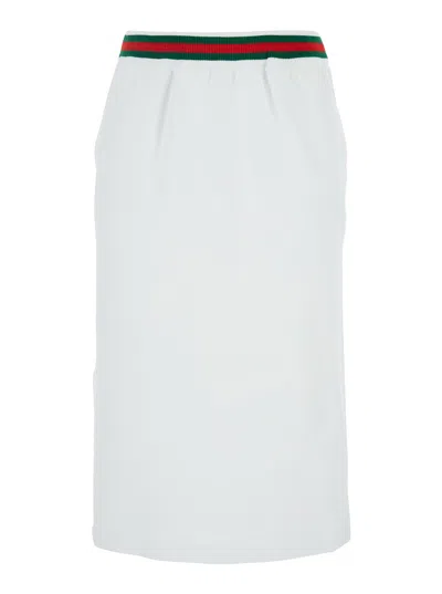 Gucci White Skirt With Web Detail On The Waist And Logo Lettering Embroidery On The Front In Cotton Woman
