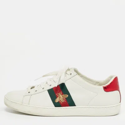 Pre-owned Gucci White Snakeskin Embossed And Leather Ace Lace Up Sneakers Size 36