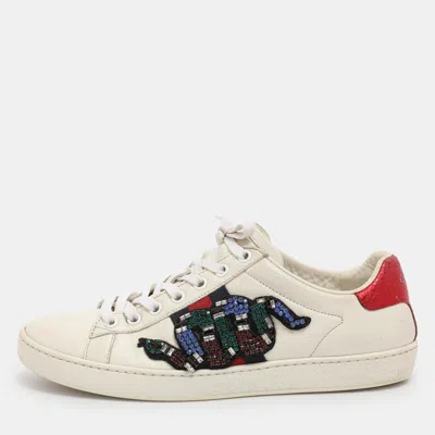 Pre-owned Gucci White Snakeskin Embossed And Leather Ace Low Top Sneakers Size 36.5