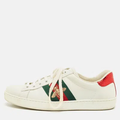 Pre-owned Gucci White Snakeskin Embossed And Leather Ace Web Lace Up Sneakers Size 39.5