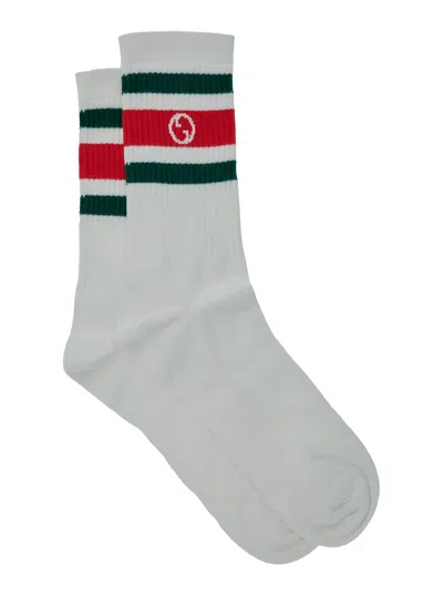 Gucci White Socks With Web Detail And Round Interlocking G In Jersey Man In Multicolor