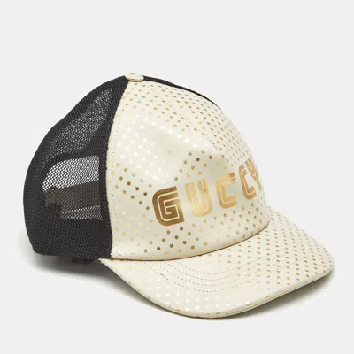 Pre-owned Gucci White Stars/guccy Print Leather & Mesh Baseball Cap L