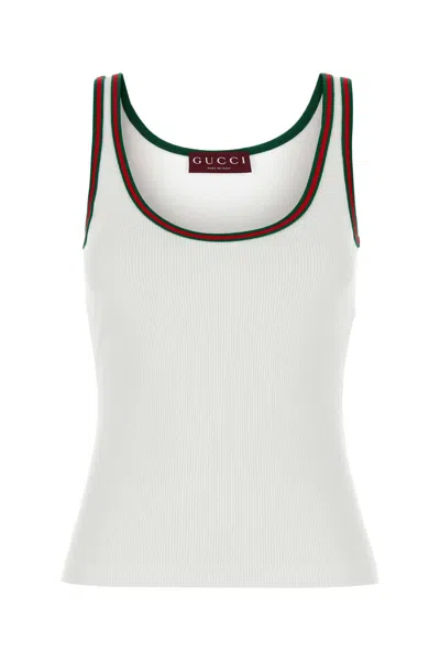Gucci Women White Ribbed Top With Web Detail On The Edges In Cotton Woman