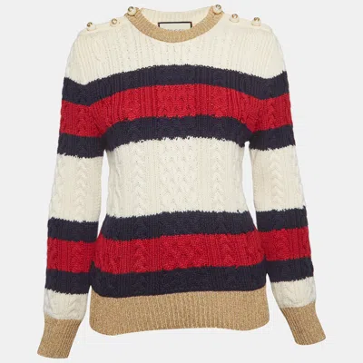Pre-owned Gucci White Striped Cable Knit And Lamé Sweater Xl