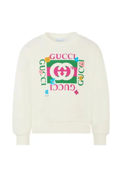 Gucci Kids' White Sweatshirt For Girl With Logo And Flowers In Blue