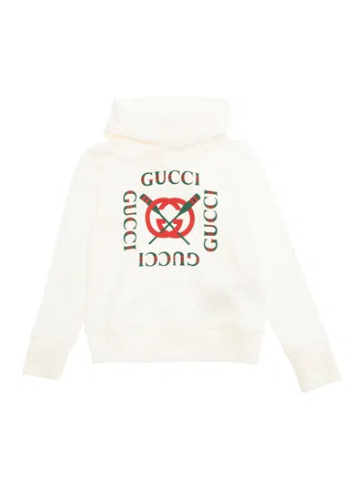 Gucci Kids' White Sweatshirt With Hood And Logo On The Front In Cotton Boys