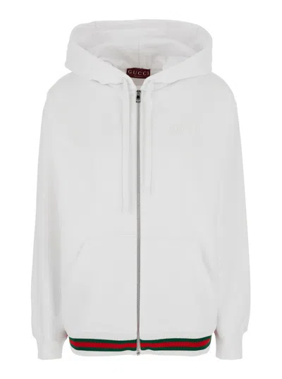 Gucci White Sweatshirt With Logo Imprinted On The Front And Web Detail On The Edge In Cotton Man
