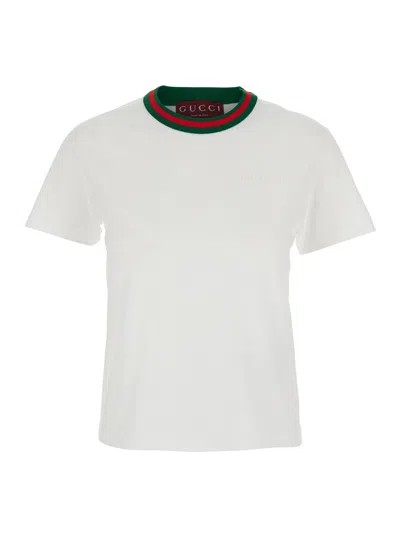 Gucci White T-shirt With Web Detail On The Neck In Cotton Woman In Multicolor