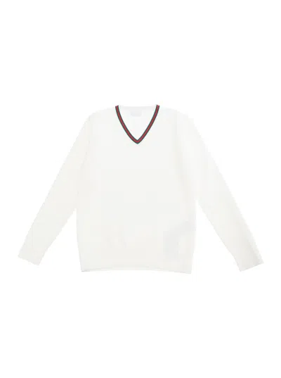 Gucci Kids' White T-shirt Wti Web V Neck And Embroidery In Cotton Boy
