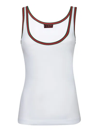 Gucci Women White Ribbed Top With Web Detail On The Edges In Cotton Woman