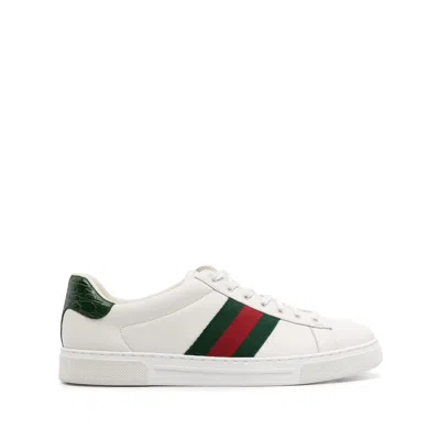 Gucci Ace Leather Sneakers With Lateral Web Band In White