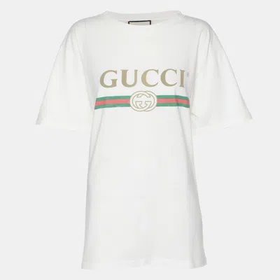 Pre-owned Gucci White Vintage Logo Print Jersey Distressed T-shirt S