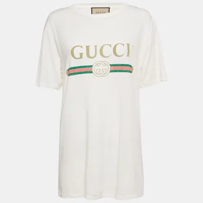 Pre-owned Gucci White Vintage Logo Print Jersey Distressed T-shirt S