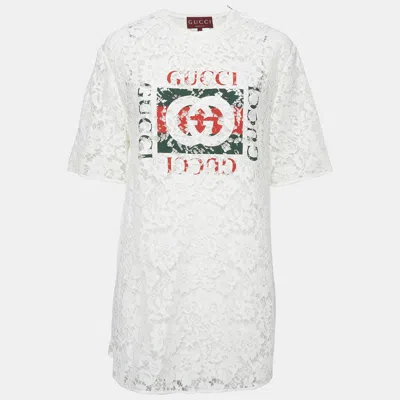 Pre-owned Gucci White Vintage Logo Print Lace Mini Dress M