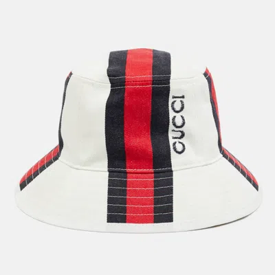Pre-owned Gucci White Web Stripe Canvas Bucket Hat S