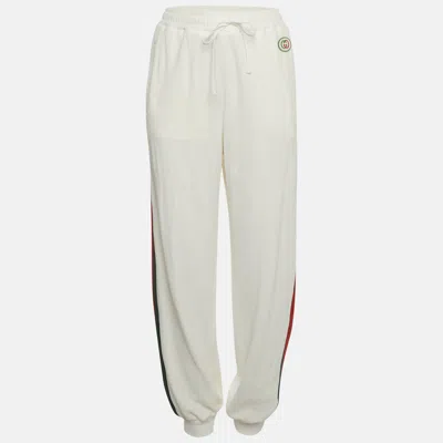 Pre-owned Gucci White Web Striped Velvet Knit Sweatpants Xl
