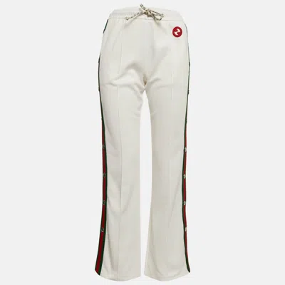 Pre-owned Gucci White Web Trim Jersey Buttoned Slit Detail Track Pants Xs