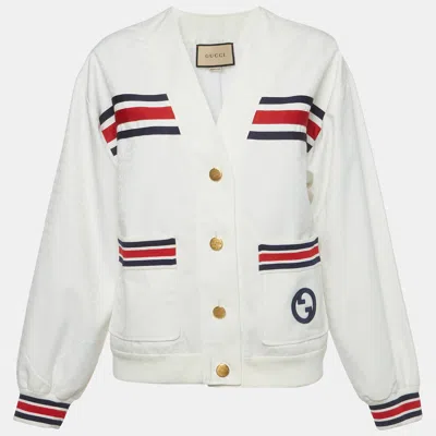 Pre-owned Gucci White Web Trim Technical Jersey V-neck Cardigan S