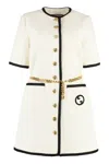 GUCCI WHITE WOOL BLEND TWEED DRESS WITH CONTRASTING TRIMMINGS AND LOGO PATCH