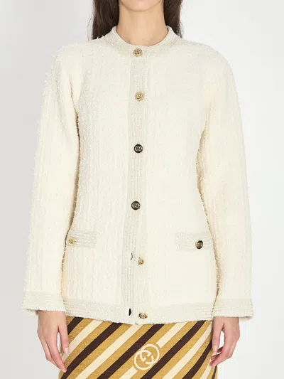 Gucci White Wool Cotton Crewneck Cardigan In Neutral