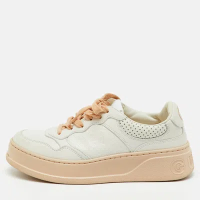 Pre-owned Gucci White/beige Jumbo Gg Embossed Leather Low Top Sneakers Size 37