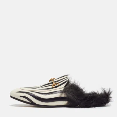 Pre-owned Gucci White/black Leather And Fur Princetown Zebra Stripe Flat Mules Size 38