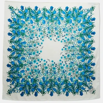 Pre-owned Gucci White/blue Floral Print Silk Square Scarf