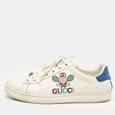 Pre-owned Gucci White/blue Leather Tennis Embroidered Low Top Sneakers Size 37.5