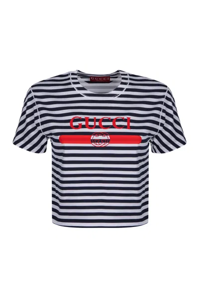 Gucci White/blue Striped Cotton T-shirt With Logo Print