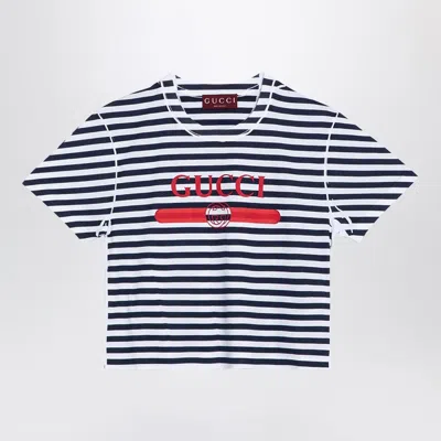 Gucci White/blue Striped Cotton T-shirt With Logo Print Women
