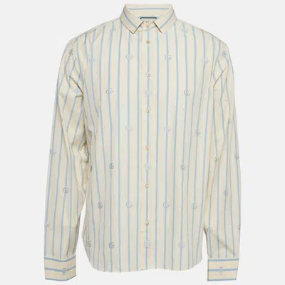 Pre-owned Gucci White/blue Striped Gg Embroidered Cotton Long Sleeve Shirt Xxl