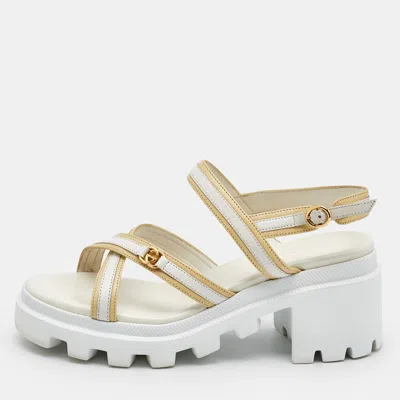 Pre-owned Gucci White/cream Leather Ankle Strap Block Heel Platform Sandals Size 37