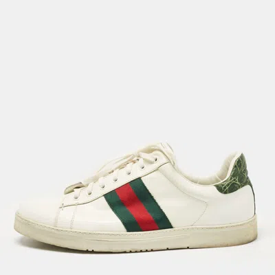 Pre-owned Gucci White/green Alligator Leather And Leather Ace Lace Up Sneakers Size 43.5